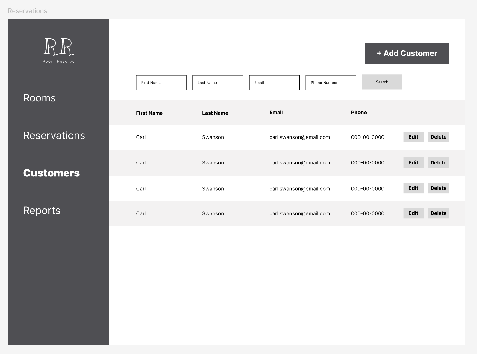 Customer management interface wireframe