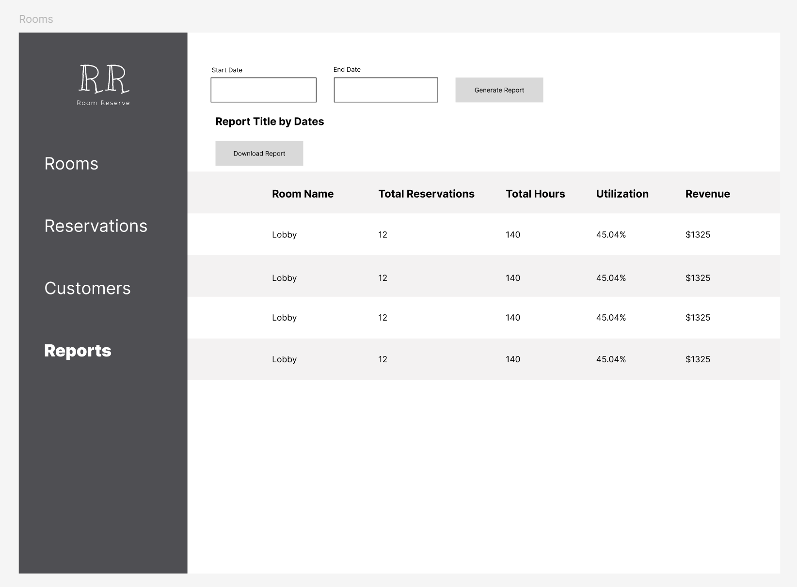 Reports interface wireframe