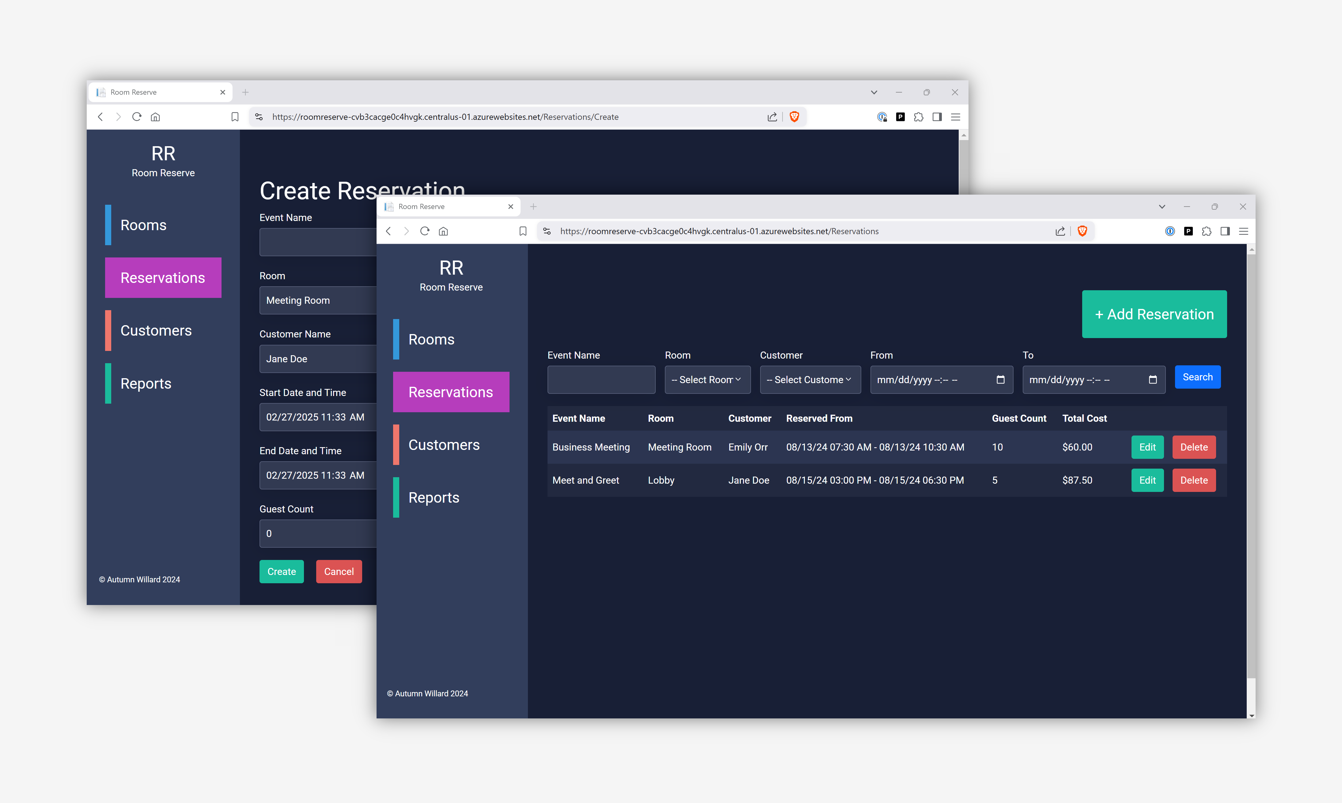 screenshot of room reserve web app