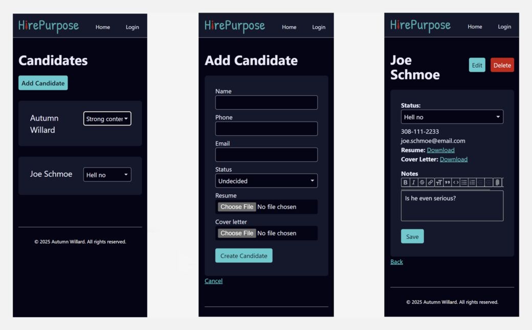 Three phone screens of HirePurpose: the candidate list sorted by status, a candidate’s details and the edit form.